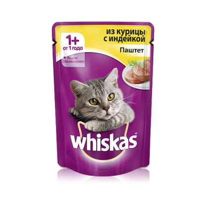 Whiskas для кошек паштет из курицы с индейкой 85 гр.